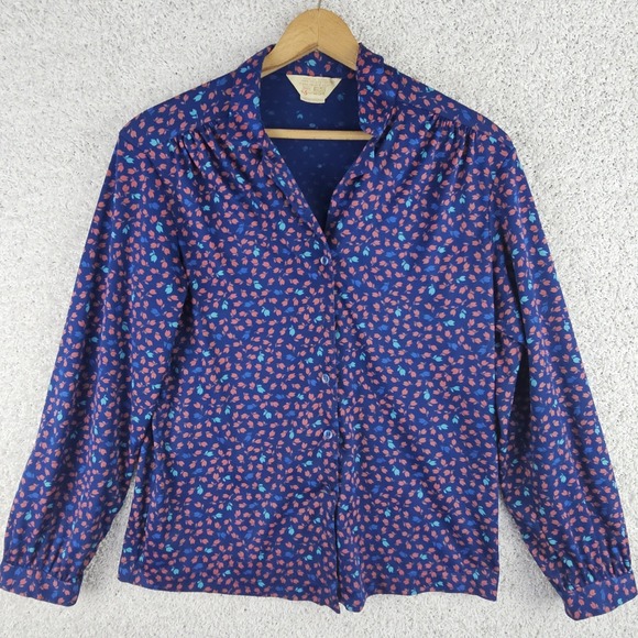 Sears Tops - Vintage Sears Blue Tulip Perma Prest Button Shirt Size L,‎ 29 70s All Over Print